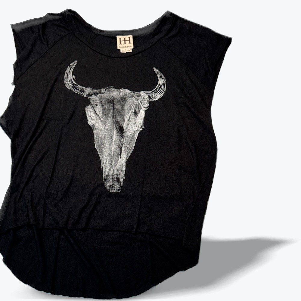 Haute Hippie Graphic Muscle Tee Black Bull Skull Modal XS Butter Soft Flowy